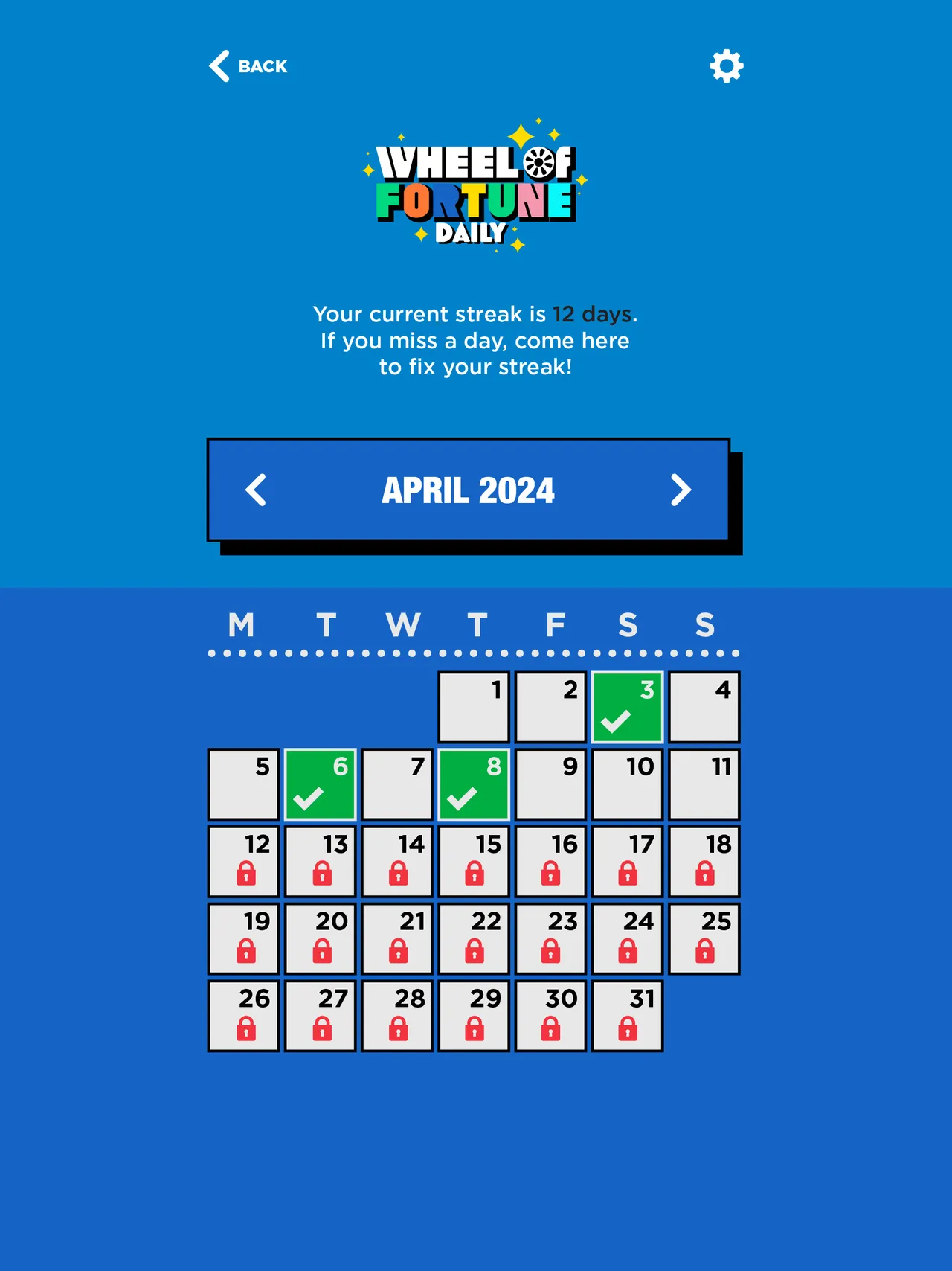 Wheel of Fortune Daily calendar showing solved days and streak
