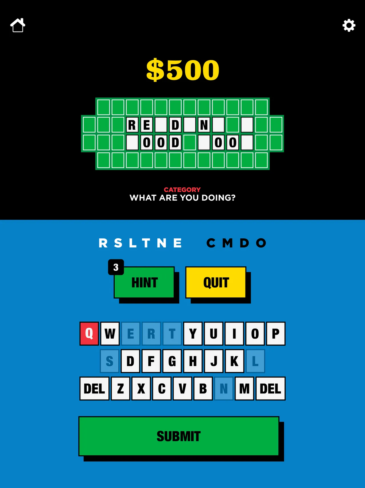 Wheel of Fortune Daily bonus round board with the category What Are You Doing? and chosen letters C M D O