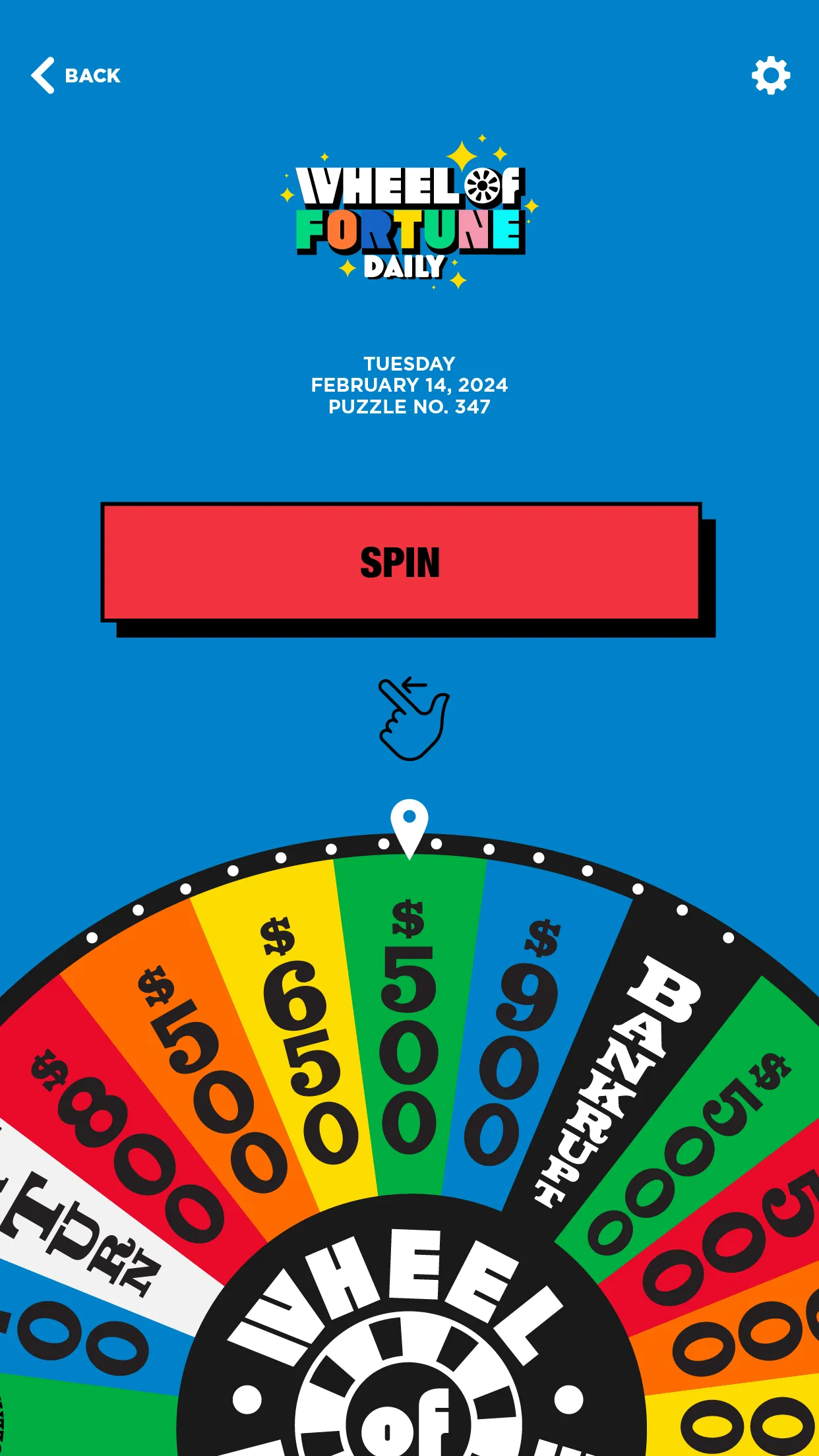 Wheel of Fortune Daily on iPhone: the daily spin screen with the date, puzzle number 347, a Spin button and the prize wheel
