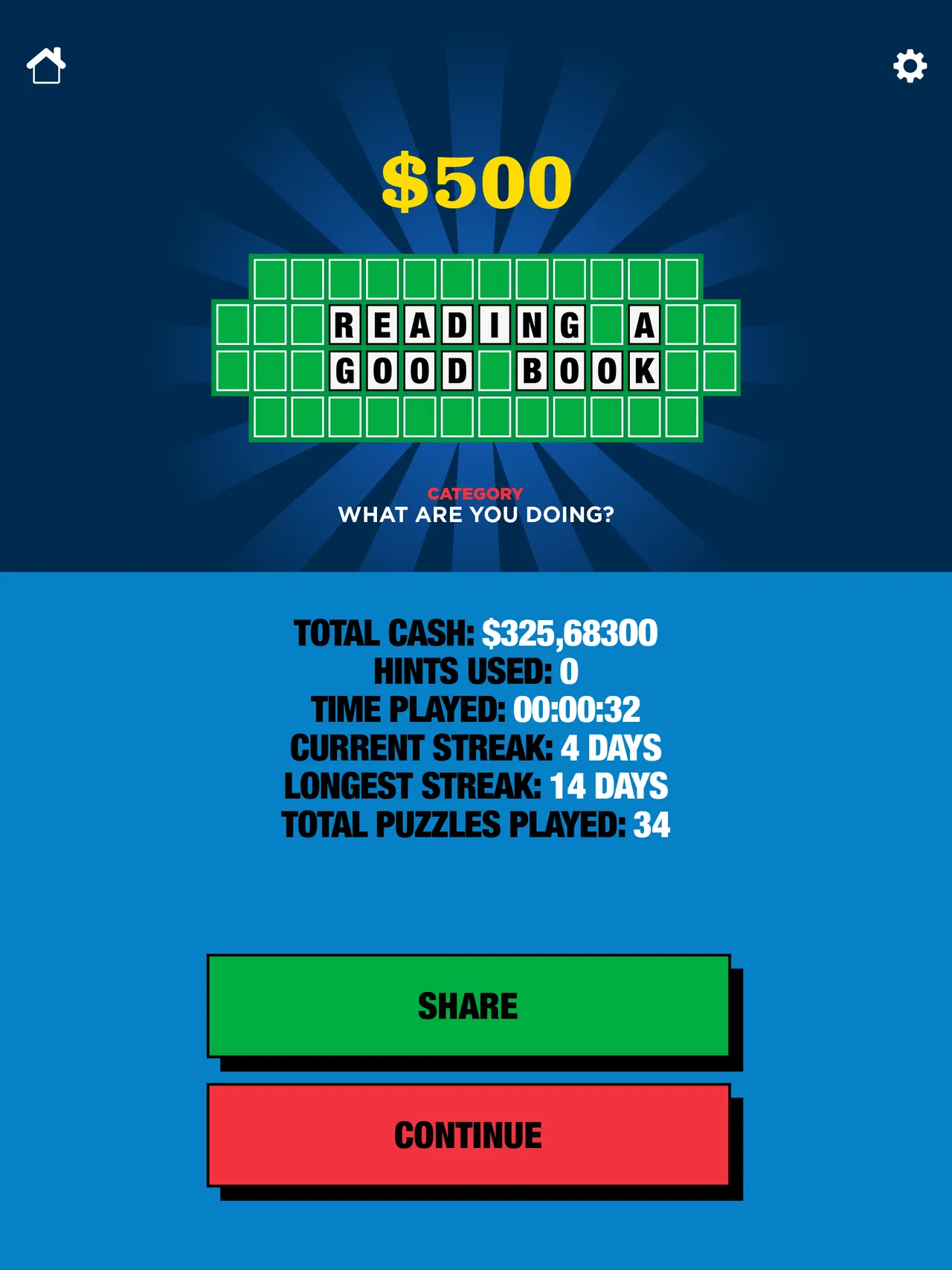 Wheel of Fortune Daily results screen: the solved phrase Reading a Good Book, a $500 prize, streak and time played, with Share and Continue buttons