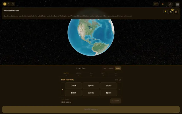 Whenere's first round of the day: the Battle of Waterloo described at the top, a 3D satellite globe to pin it on, and a century picker below
