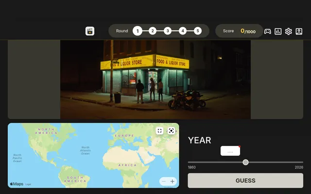 WhenTaken Movies on 21 October 2026, round 1 of 5: a night still of the Edmonson Food & Liquor Store on a street corner, with a world map for the pin and a year slider from 1860 to 2026