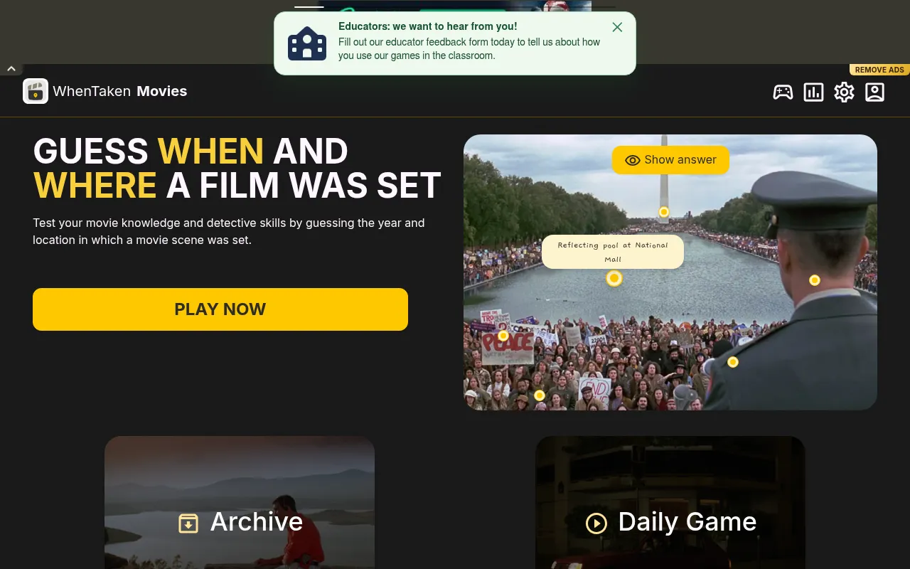 The WhenTaken Movies home page: Guess when and where a film was set, a Play now button and an example still of the Reflecting Pool with a marked clue