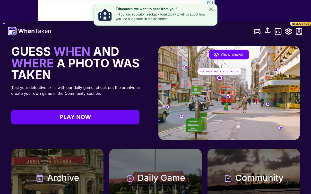 The WhenTaken home page: Guess when and where a photo was taken, a Play Now button and an example London street photo marked with clue pins