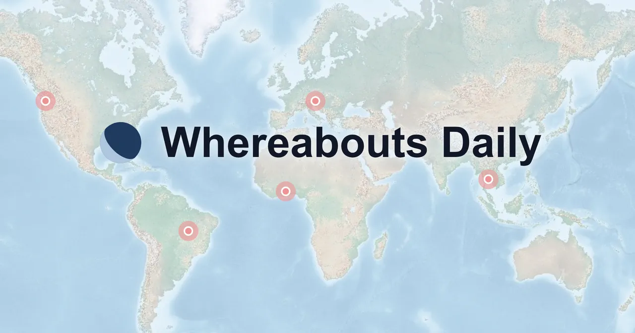 Whereabouts Daily card: the Whereabouts crescent Earth logo and name over a world map with five pins