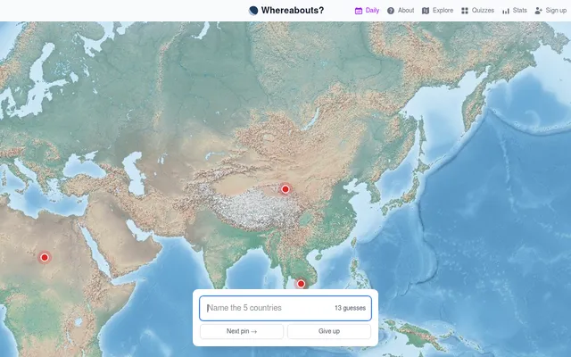 Whereabouts Daily: a relief map of Asia and Africa without labels, with red pins and a box to name the 5 countries with 13 guesses