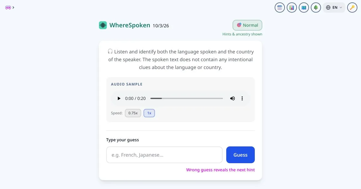 WhereSpoken daily puzzle with an audio sample player and a box to type the language