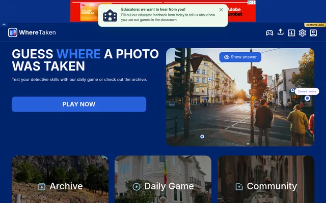 WhereTaken home: Guess where a photo was taken, a street photo with clue markers such as a street name, a Play now button and Archive, Daily Game and Community tiles