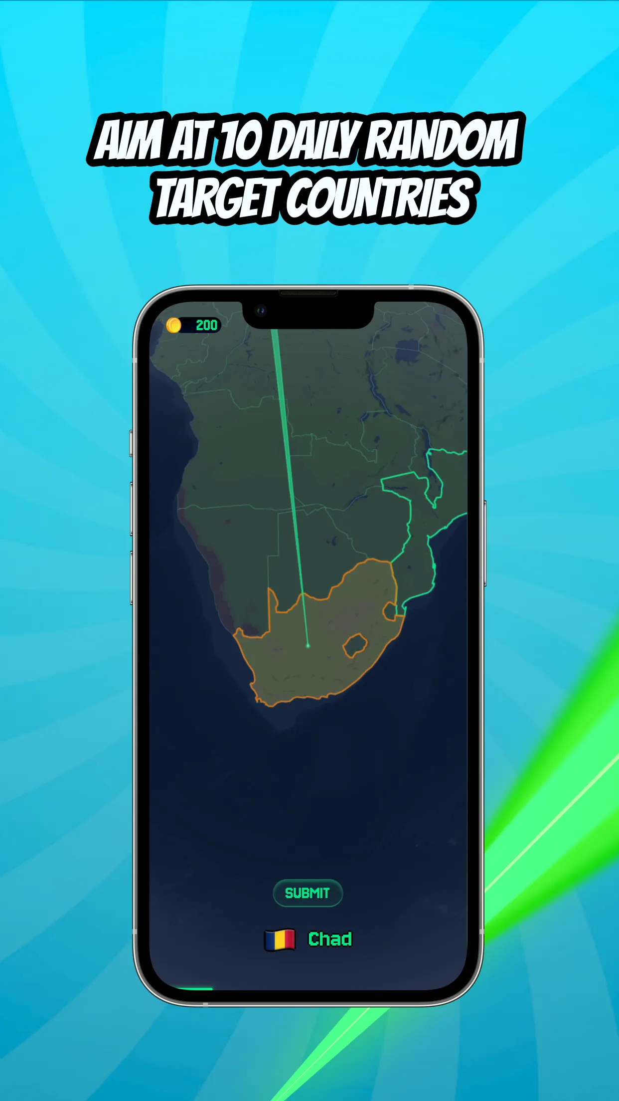 WhichWay.is on a phone: a compass beam aimed from South Africa across the map toward the target country, Chad