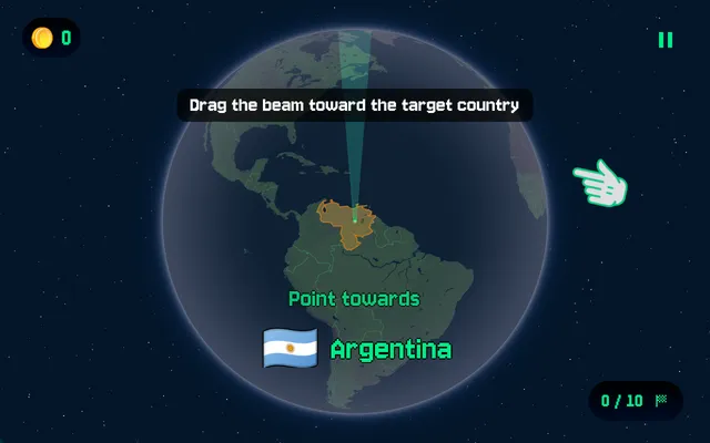 Today's WhichWay.is Daily Challenge on desktop: Venezuela lit on a 3D globe, a beam to drag, and the target Argentina named, round 0 of 10