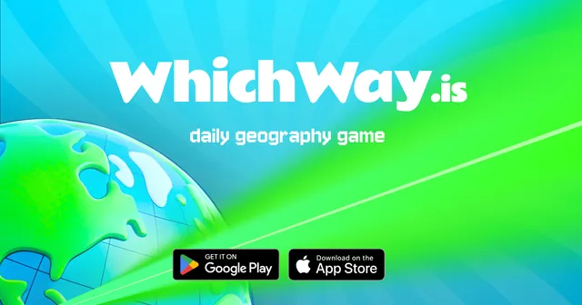 The WhichWay.is card: the game's name over a cartoon globe with a beam of light, labelled daily geography game