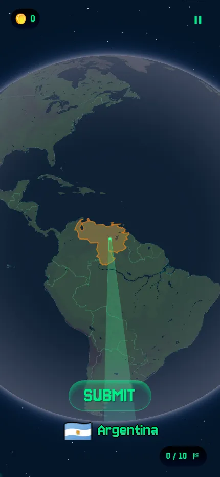 WhichWay.is at phone size: the beam dragged south from Venezuela toward Argentina, with the Submit button below the globe