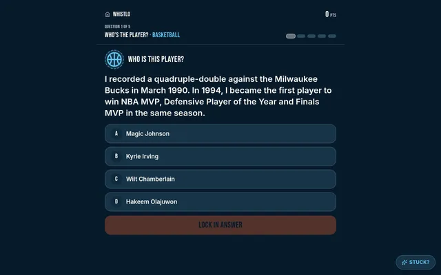 Whistlo question 1 of 5, Who's the player in basketball: a clue about a 1990 quadruple-double and a 1994 MVP season, four answer choices and a Lock In Answer button