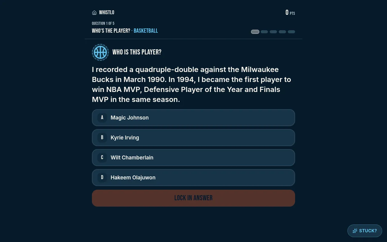 Whistlo question 1 of 5, Who's the player in basketball: a clue about a 1990 quadruple-double and a 1994 MVP season, four answer choices and a Lock In Answer button