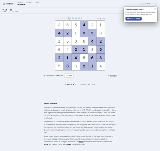 Whittle on Mind Loft for October 3, 2026: a solved 6x6 sudoku with eighteen clues shaded in bold, a counter of 18 clues left and 0 of 10 out, with Hint and End here buttons