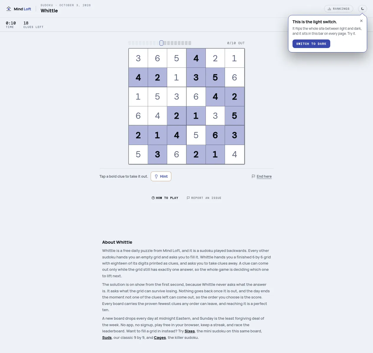 Whittle on Mind Loft for October 3, 2026: a solved 6x6 sudoku with eighteen clues shaded in bold, a counter of 18 clues left and 0 of 10 out, with Hint and End here buttons