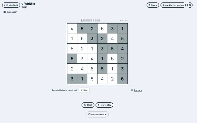 Whittle on Mind Loft for October 29, 2026: a solved 6x6 sudoku with eighteen bold clues shaded grey, 18 clues left and 0 of 9 out, with Hint and End here below the board