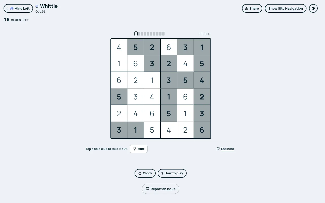 Whittle on Mind Loft for October 29, 2026: a solved 6x6 sudoku with eighteen bold clues shaded grey, 18 clues left and 0 of 9 out, with Hint and End here below the board
