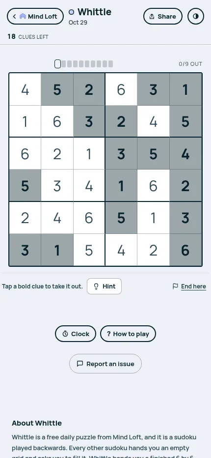 Whittle at phone size on October 29, 2026: the 6x6 solved grid with its eighteen shaded clues fills the screen width, with Hint, End here, Clock and How to play below