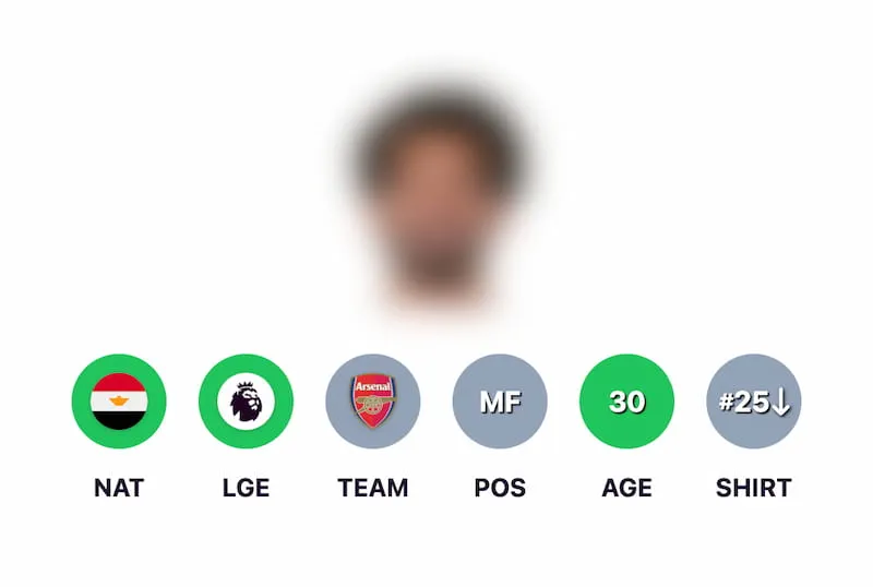 A blurred footballer photo above six clue circles for nationality, league, team, position, age and shirt number
