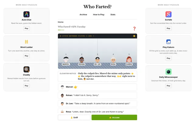Who Farted? #279 for Tuesday: an elevator stuck between floors 4 and 5 with Marcel, Rohan, Dr. Lee, Rosa and Karen in spots 1 to 5, the notice that only the culprit lies, their statements, and the Sni