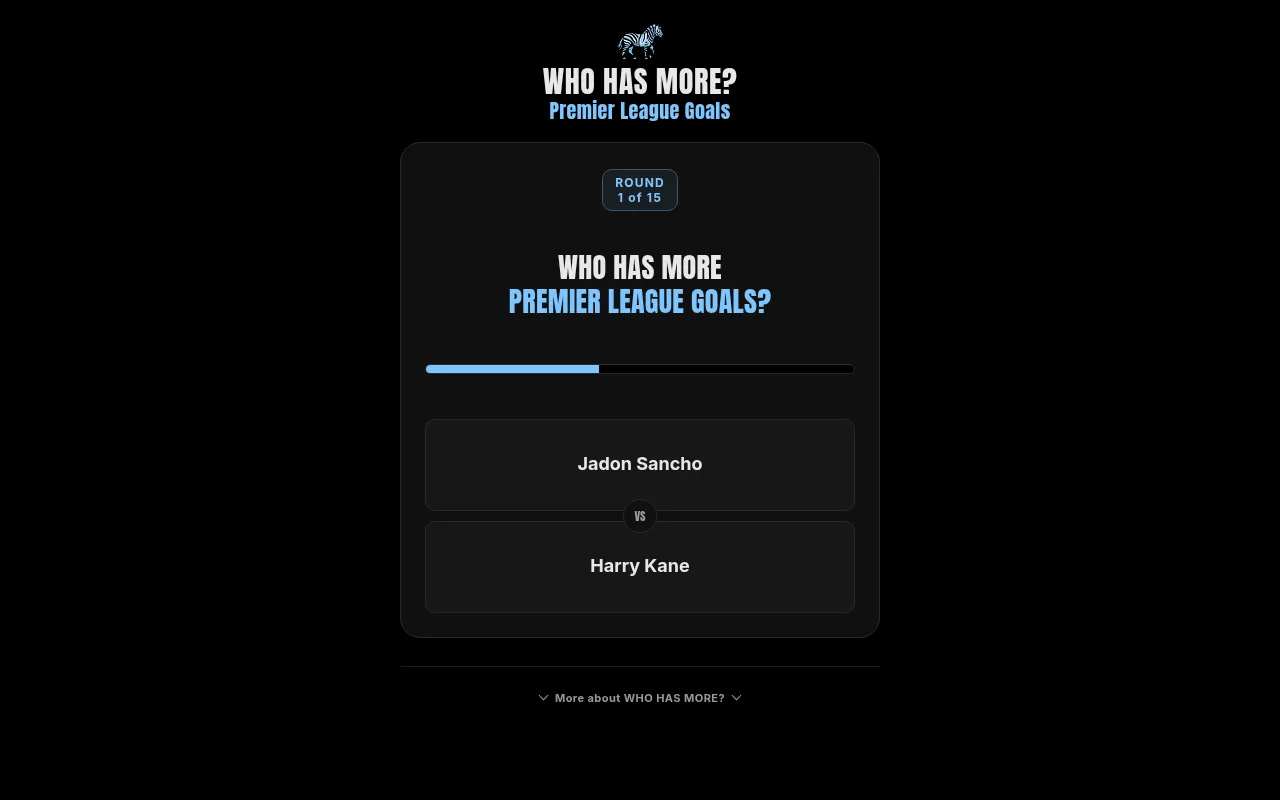 Who Has More? round 1 of 15: 'Who has more Premier League goals?' with Jadon Sancho versus Harry Kane and a timer bar