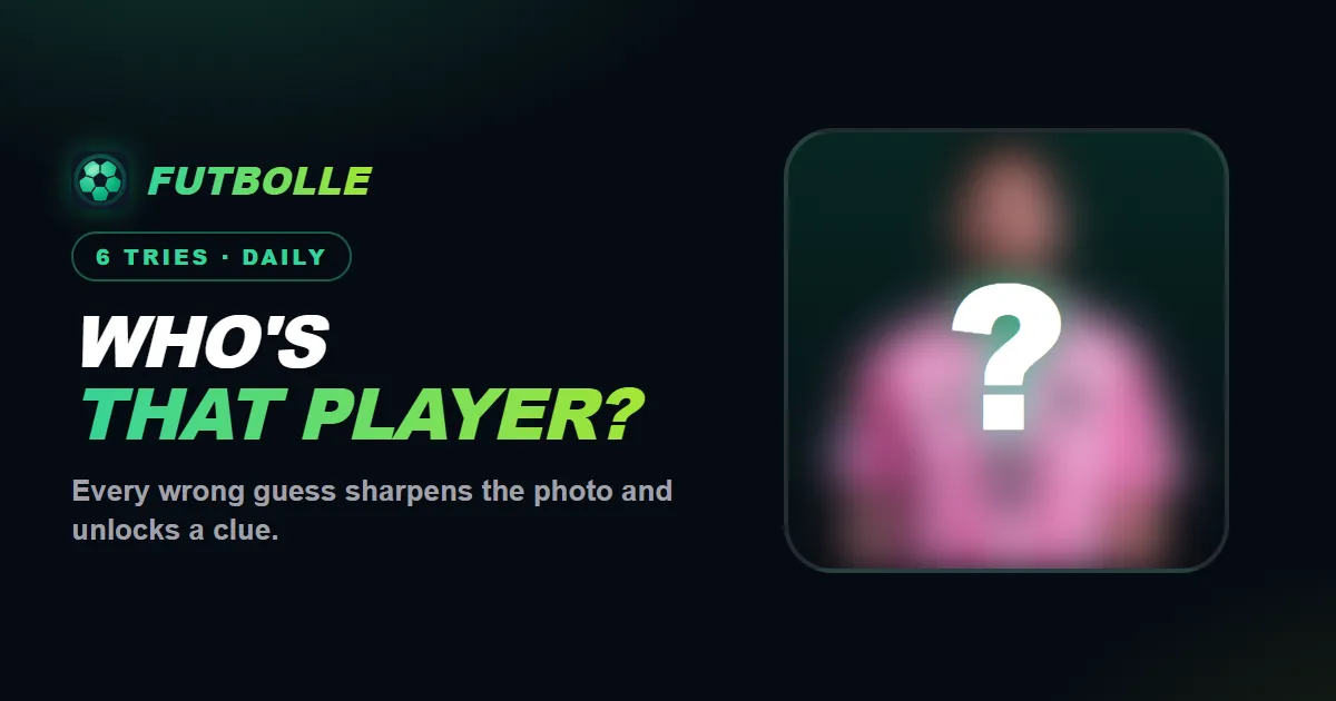 Who's That Player share card: 6 tries daily, a blurred footballer in a pink shirt behind a question mark