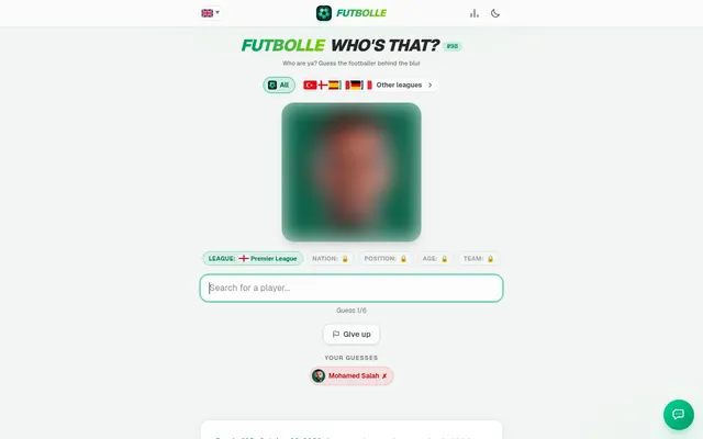 Futbolle Who's That? #98 after one wrong guess: a blurred player photo, the League hint opened to Premier League, Guess 1/6