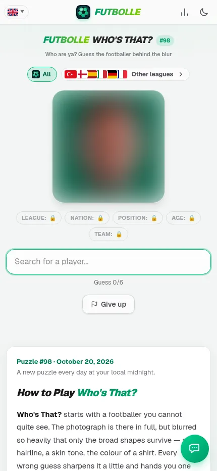 Who's That? #98 at phone size: the blurred photo, five locked hints and the player search box