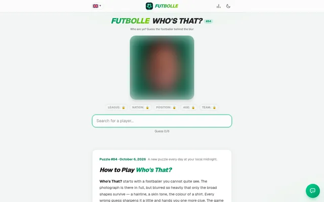 Futbolle Who's That? #84: a heavily blurred player photo above five locked hints for league, nation, position, age and team