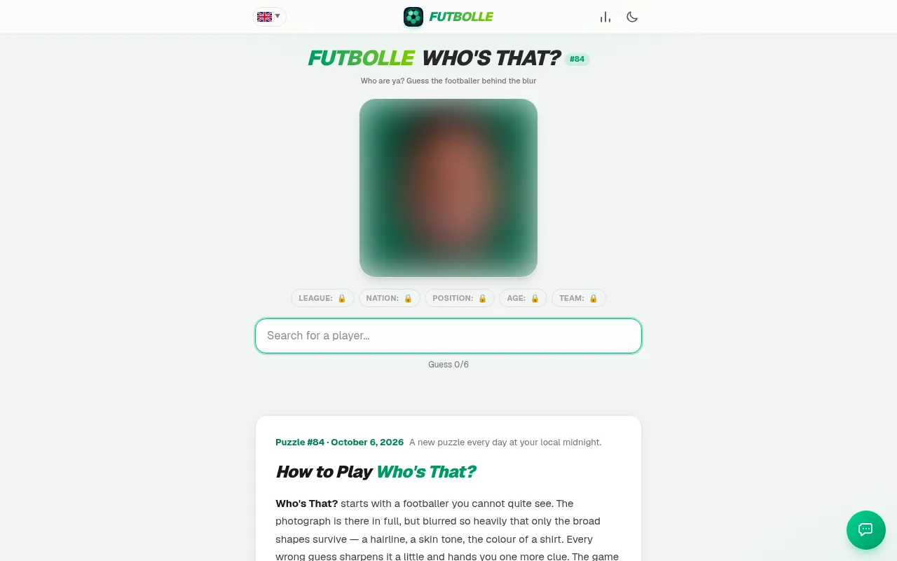 Futbolle Who's That? #84: a heavily blurred player photo above five locked hints for league, nation, position, age and team