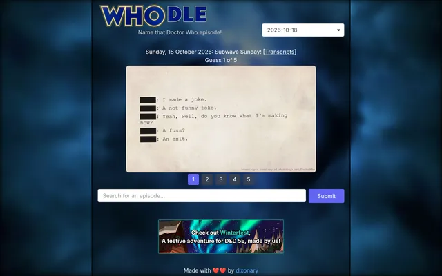 Whodle for Sunday 18 October 2026, a Subwave Sunday: a transcript card with the speakers blacked out, clue buttons 1 to 5 and the episode search box