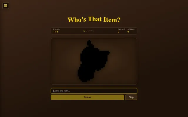 Who's That Item? on 28 October 2026, round 1 of 5: an item's inventory picture as a blocky black silhouette, a Name the item box with Guess and Skip, Caught and Streak at zero