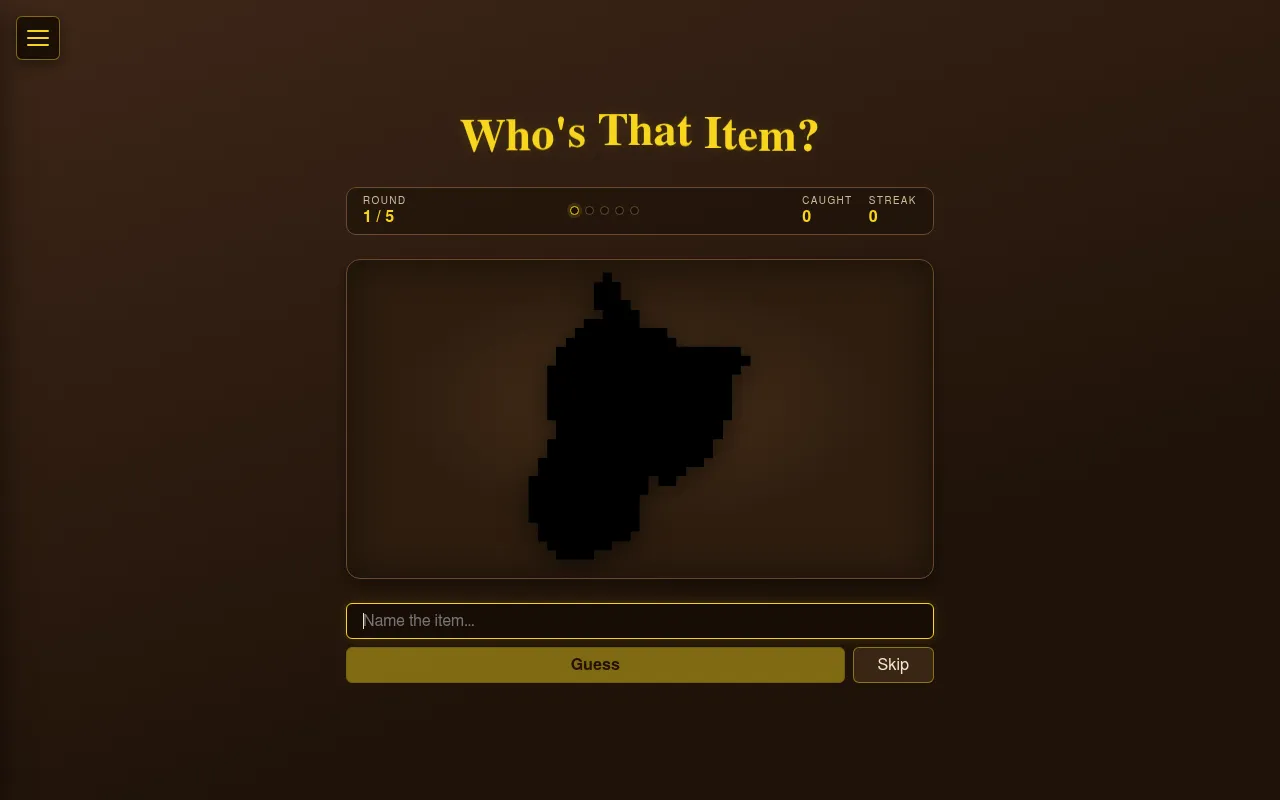 Who's That Item? on 28 October 2026, round 1 of 5: an item's inventory picture as a blocky black silhouette, a Name the item box with Guess and Skip, Caught and Streak at zero