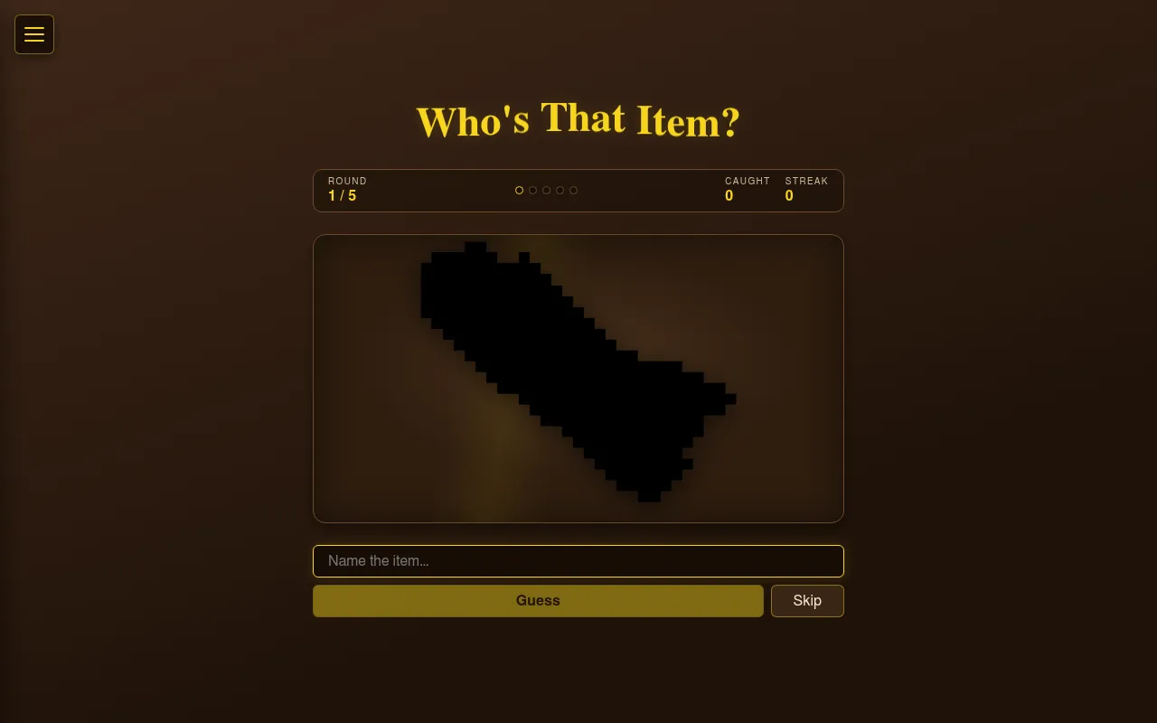 Who's That Item? round 1 of 5: the blocky black silhouette of an item's inventory picture, a Name the item box with Guess and Skip, and Caught and Streak counters at zero