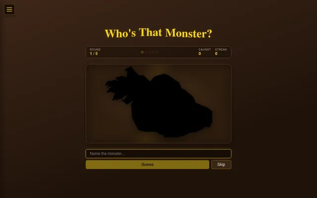 Who's That Monster? round 1 of 5: a black silhouette of a monster on a brown stage, a Name the monster box with Guess and Skip, and Caught and Streak counters at zero