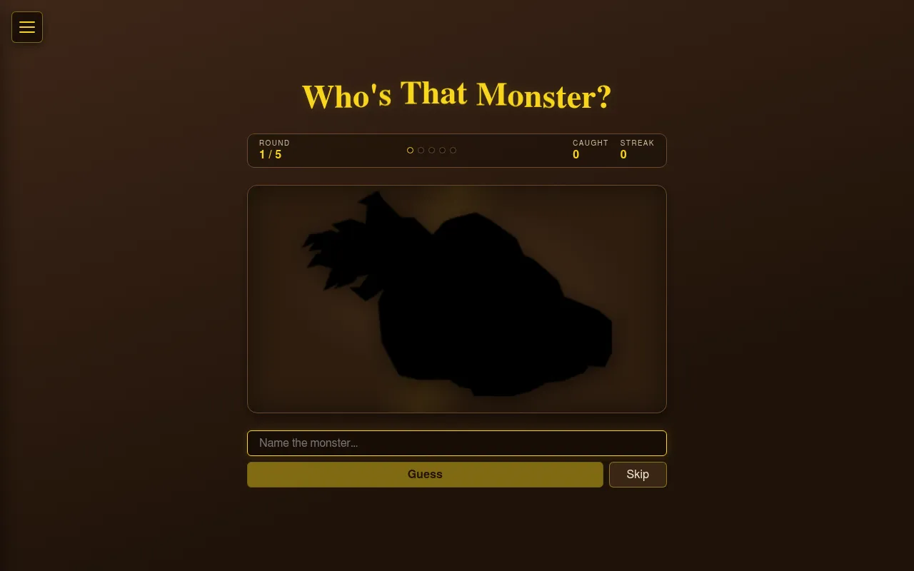 Who's That Monster? round 1 of 5: a black silhouette of a monster on a brown stage, a Name the monster box with Guess and Skip, and Caught and Streak counters at zero