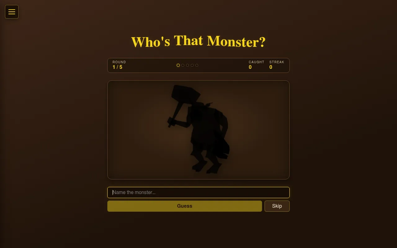 Who's That Monster? on 28 October 2026, round 1 of 5: a black silhouette of a hammer-wielding monster, with a Name the monster box, Guess and Skip buttons and Caught and Streak counters