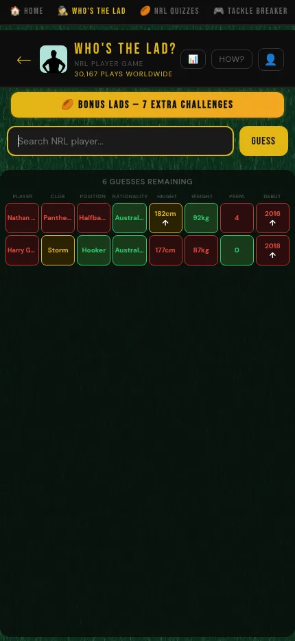 Who's the Lad? at phone size with two guesses on the board and six guesses remaining, under the player search box and the Bonus Lads button