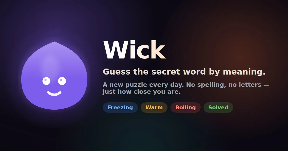 Wick's title card: the purple flame mascot with the line Guess the secret word by meaning