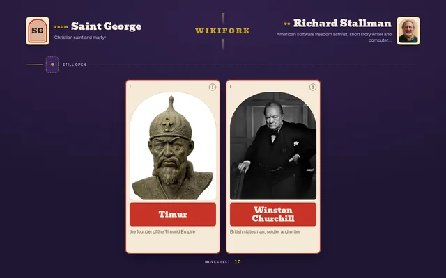 Today's WikiFork board for 20 October 2026: from Saint George to Richard Stallman, with two cards to choose from, Timur and Winston Churchill, and 10 moves left