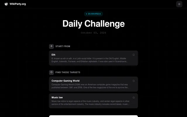 WikiParty's Daily Challenge for October 03, 2026: start from Eth, find the targets Computer Gaming World and Music law