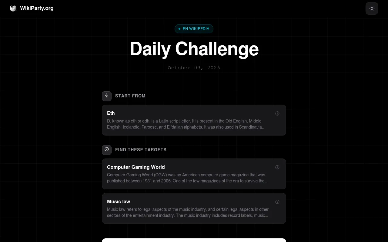 WikiParty's Daily Challenge for October 03, 2026: start from Eth, find the targets Computer Gaming World and Music law
