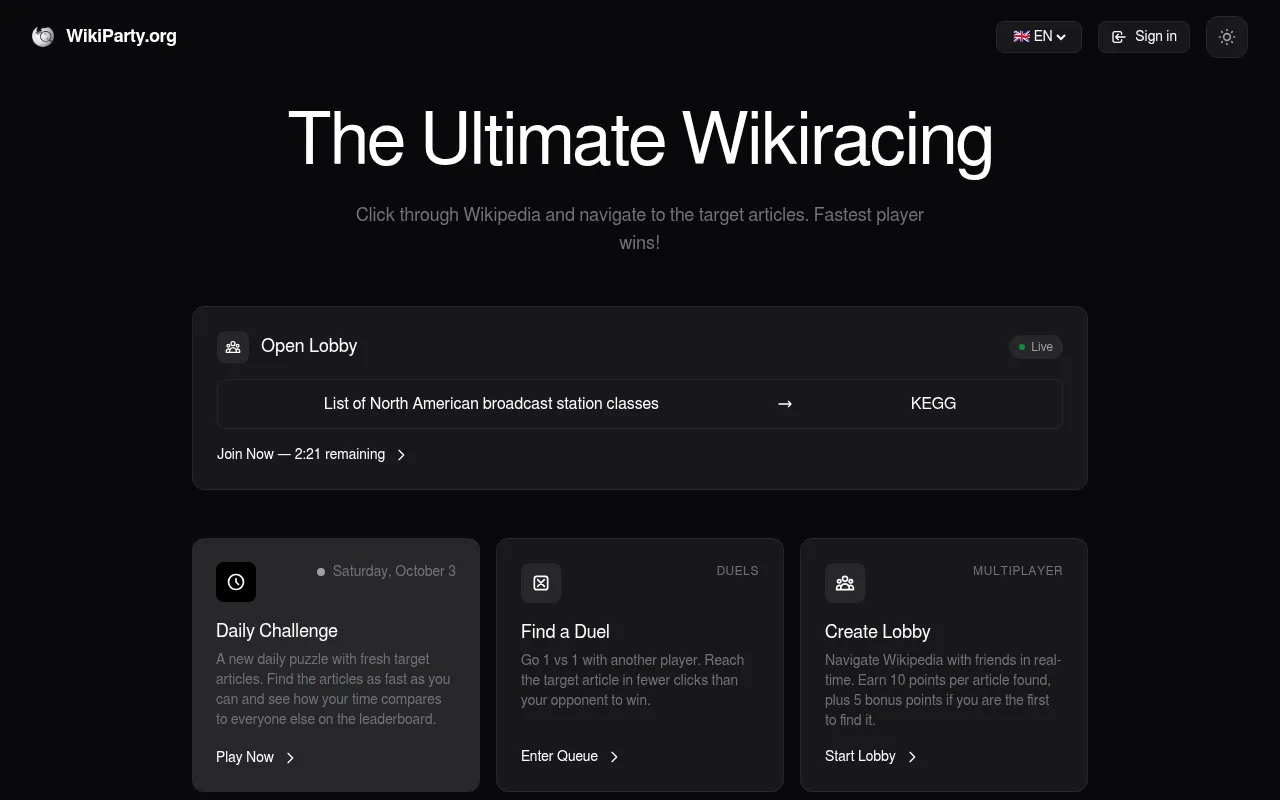 The WikiParty home page with an open lobby race, the Daily Challenge card for Saturday, October 3, duels and multiplayer lobbies