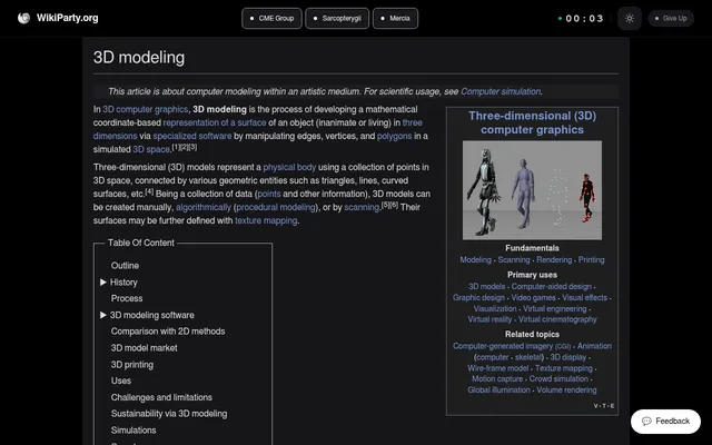 WikiParty's Daily Challenge for 29 October 2026 in play: the start article 3D modeling, with the targets CME Group, Sarcopterygii and Mercia and a timer along the top