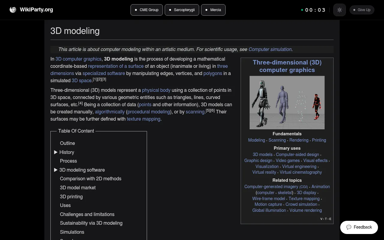 WikiParty's Daily Challenge for 29 October 2026 in play: the start article 3D modeling, with the targets CME Group, Sarcopterygii and Mercia and a timer along the top