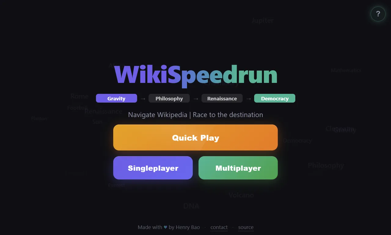 The WikiSpeedrun title screen with an example route Gravity to Philosophy to Renaissance to Democracy and Quick Play, Singleplayer and Multiplayer buttons