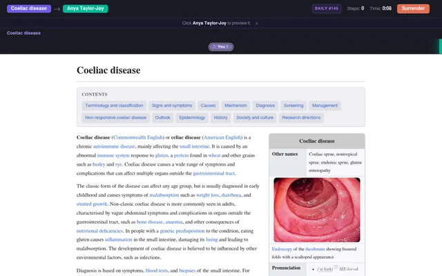 WikiSpeedrun Daily #145 in play: start Coeliac disease, destination Anya Taylor-Joy, step counter and timer at the top, the Coeliac disease article below