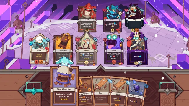 A Wildfrost battle: rows of companion and enemy cards on a snowy board, with a hand of item cards along the bottom