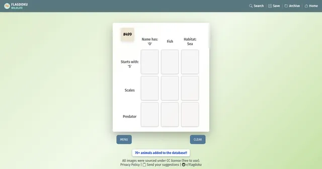 Wildlife grid #499 with the categories Name has O, Fish and Habitat Sea across the top and Starts with S, Scales and Predator down the side